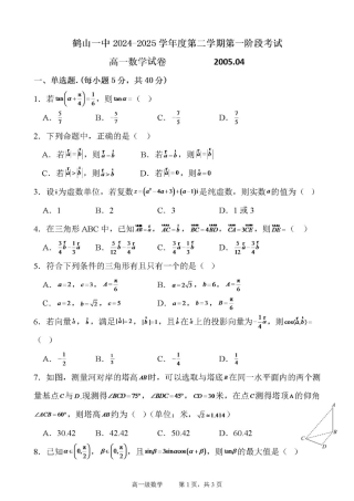 广东省江门市鹤山第一中学2024-2025学年高一下学期第一阶段考试数学试卷（图片版，含答案）.pdf