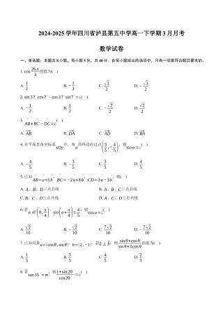 四川省泸州市泸县第五中学2024-2025学年高一下学期3月月考数学试卷（含答案）.docx