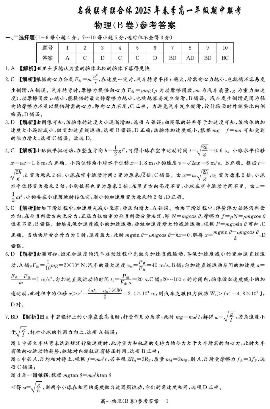 湖南省名校联考联合体2024-2025学年高一下学期期中考试物理试题 扫描版含解析_物理B答案（高一4月期中）.pdf_第1页