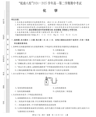 “皖南八校”2024-2025学年高一第二学期期中考试-化学(乙).pdf