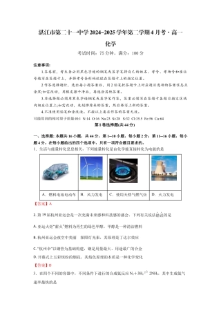 广东省湛江市第二十一中学2024-2025学年高一下学期4月月考化学试题（含答案）_5.化学答案.docx