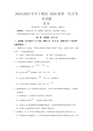 重庆市七校联考2024-2025学年高一下学期第一次月考化学试题（含答案）_高一化学考试题.docx