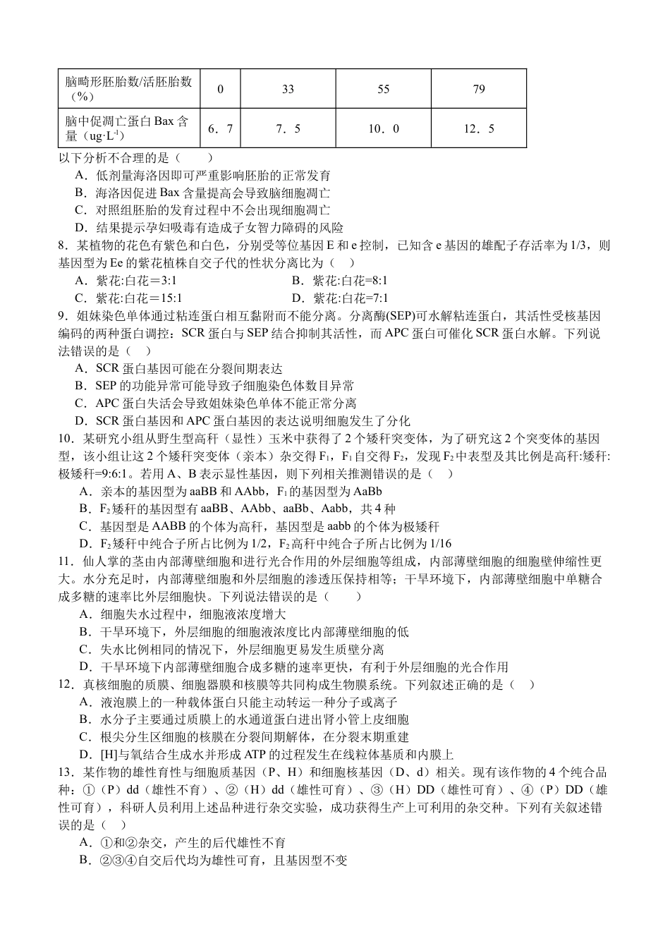2025年春期泸县五中高2024级第一学月考试生物试题.docx_第2页