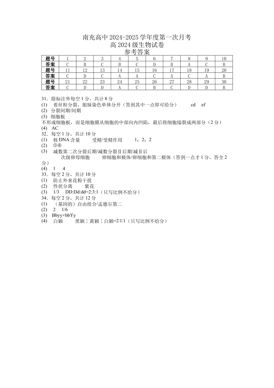 四川省南充市高级中学2024-2025学年高一下学期4月考试题  生物  Word版含答案_第一次月考答案.docx_第1页