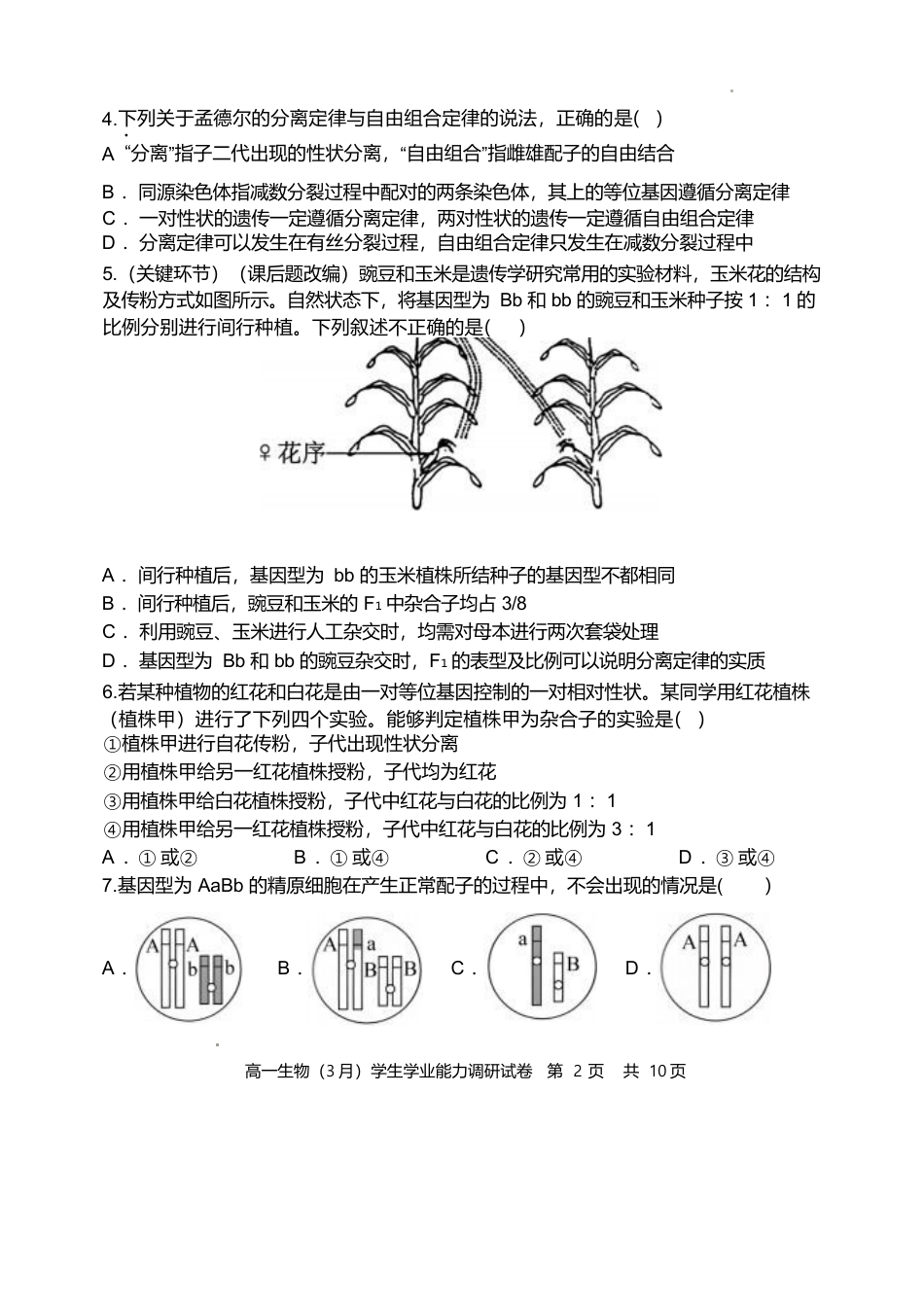 天津市静海区第一中学2024-2025学年高一下学期学生学业能力调研（3月）生物试卷（含答案）.docx_第2页
