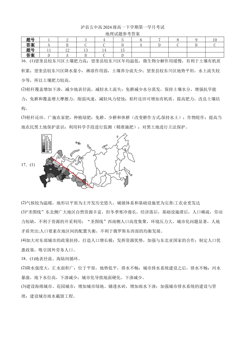 2025年春期泸县五中高2024级第一学月考试地理试题答案.docx_第1页