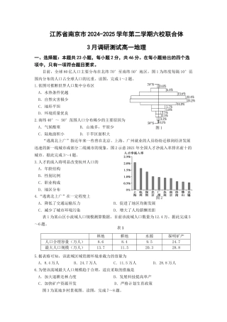 江苏省南京市六校联合体2024-2025学年高一下学期3月调研测试地理试卷（含答案）.docx