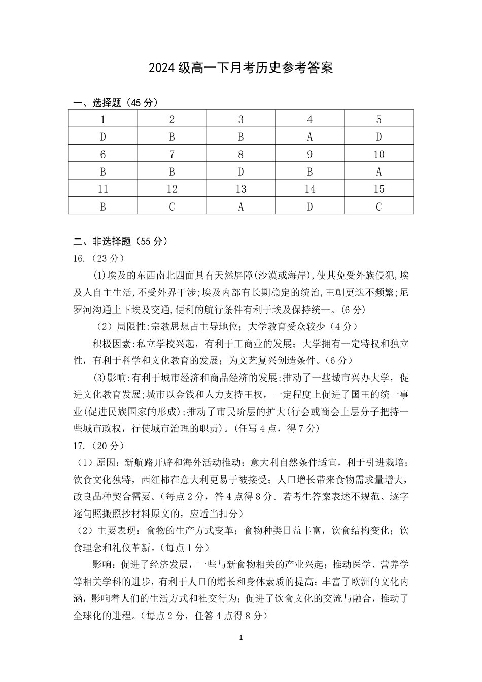2024级高一下月考历史参考答案.pdf_第1页