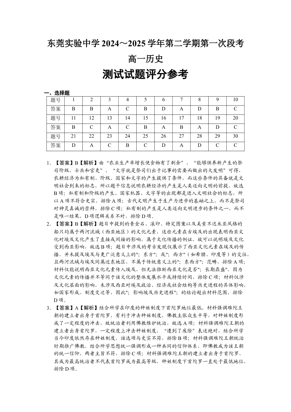 广东省东莞市实验中学2024-2025学年高一下学期3月月考历史试题 Word版含答案_历史答案.docx_第1页