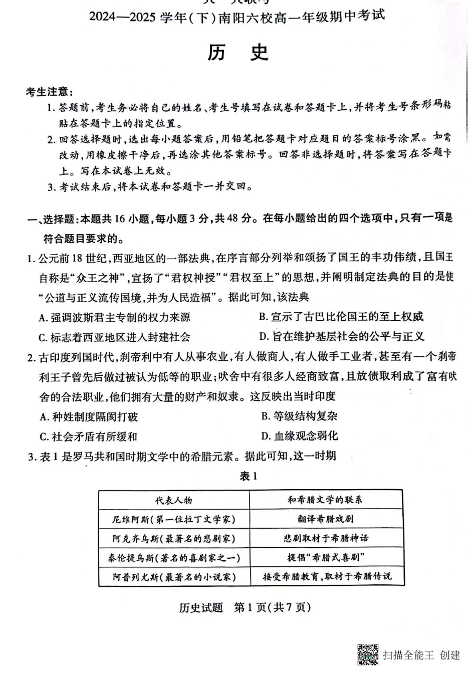 河南省南阳市六校2024-2025学年高一下学期期中考试历史试题（扫描版 含答案）.pdf_第1页