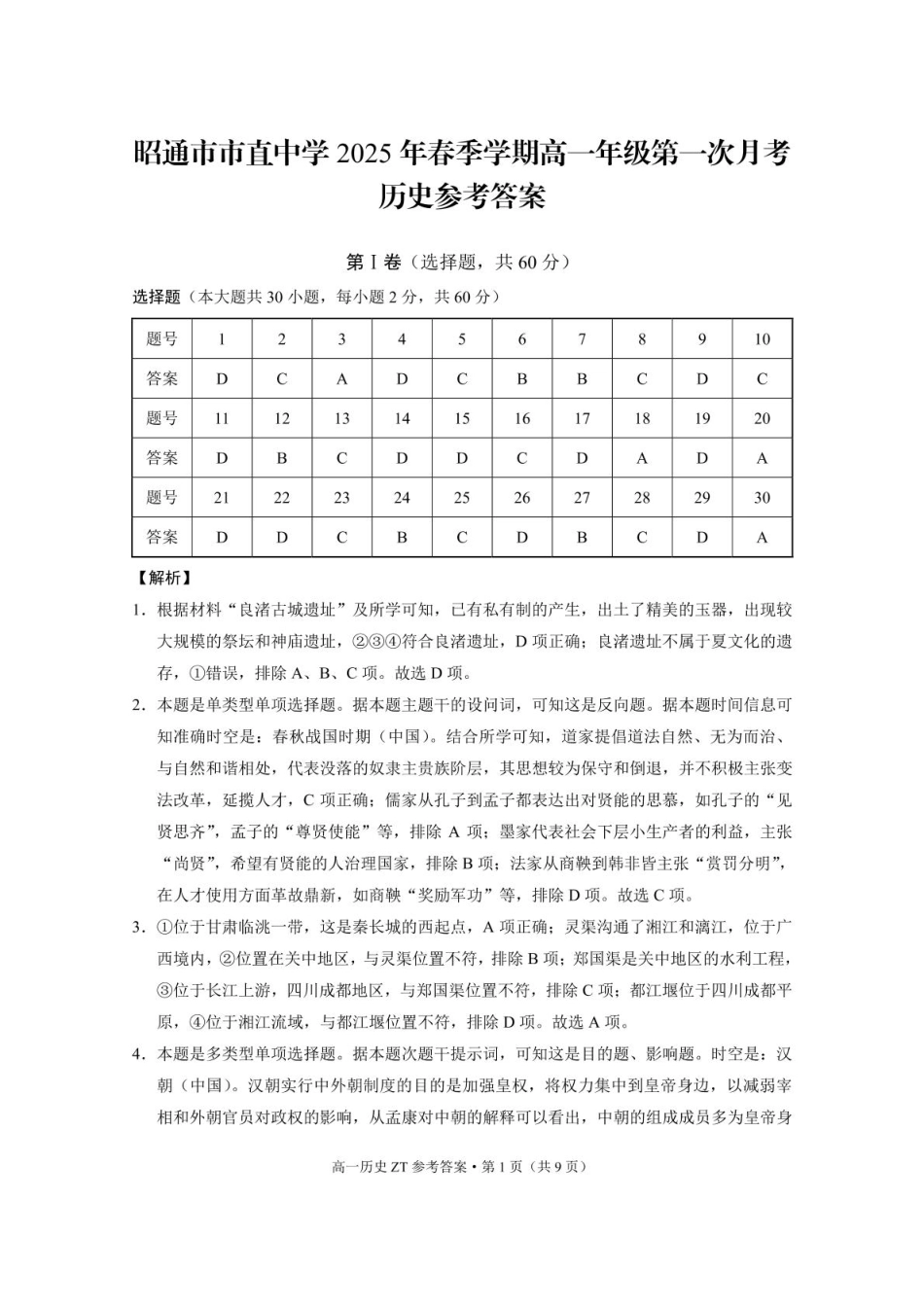 云南省昭通市市直中学2024-2025学年高一下学期3月第一次月考历史-答案.pdf_第1页