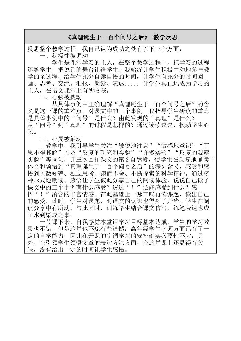 15 真理诞生于一百个问号之后 教学反思-语文六年级下册.docx_第1页