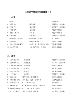 六年级下册推荐阅读书目.docx