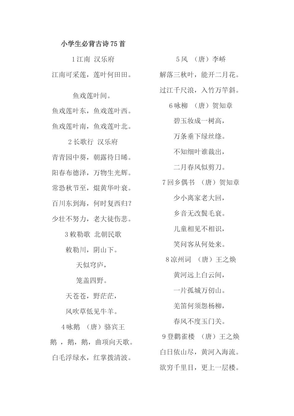 六年级下册-小学生必背古诗词75首.docx_第1页