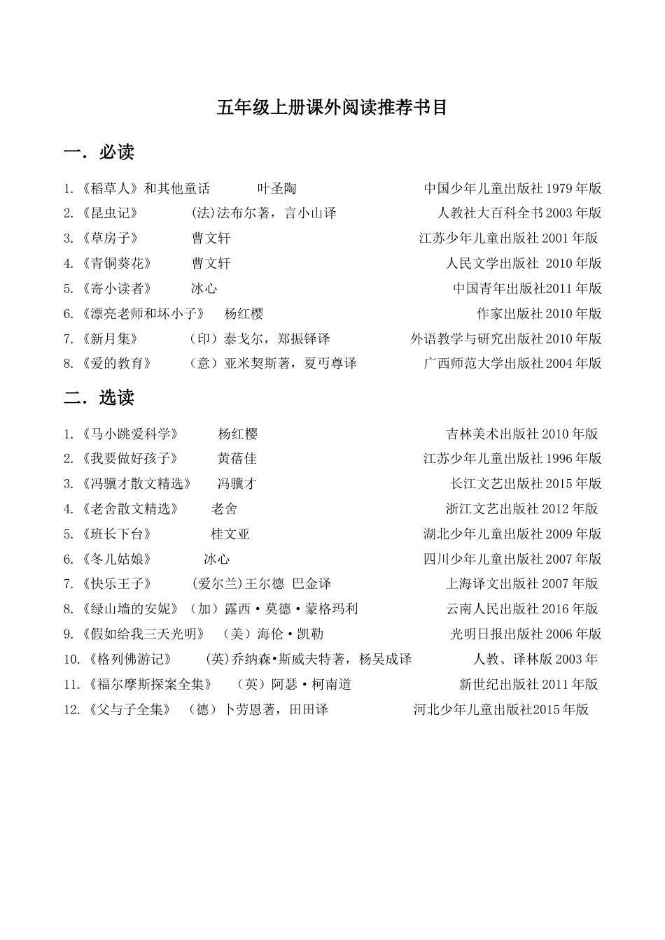 五年级上册专项复习-五年级上册推荐阅读书目.docx_第1页