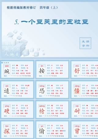 2025统编版四年级上册（生字课件）5.一个豆荚里的五粒豆.pptx
