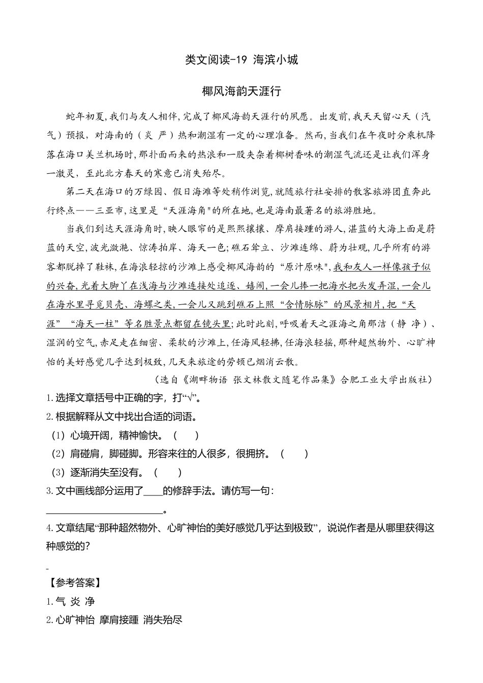 三年级上册-语文专项复习-类文阅读-19 海滨小城.docx_第1页