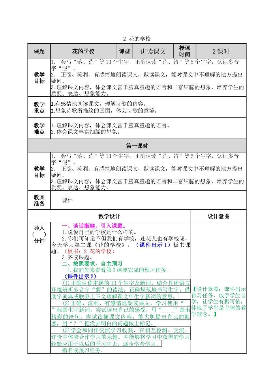 语文三年级上册-2 花的学校 教案.docx_第1页