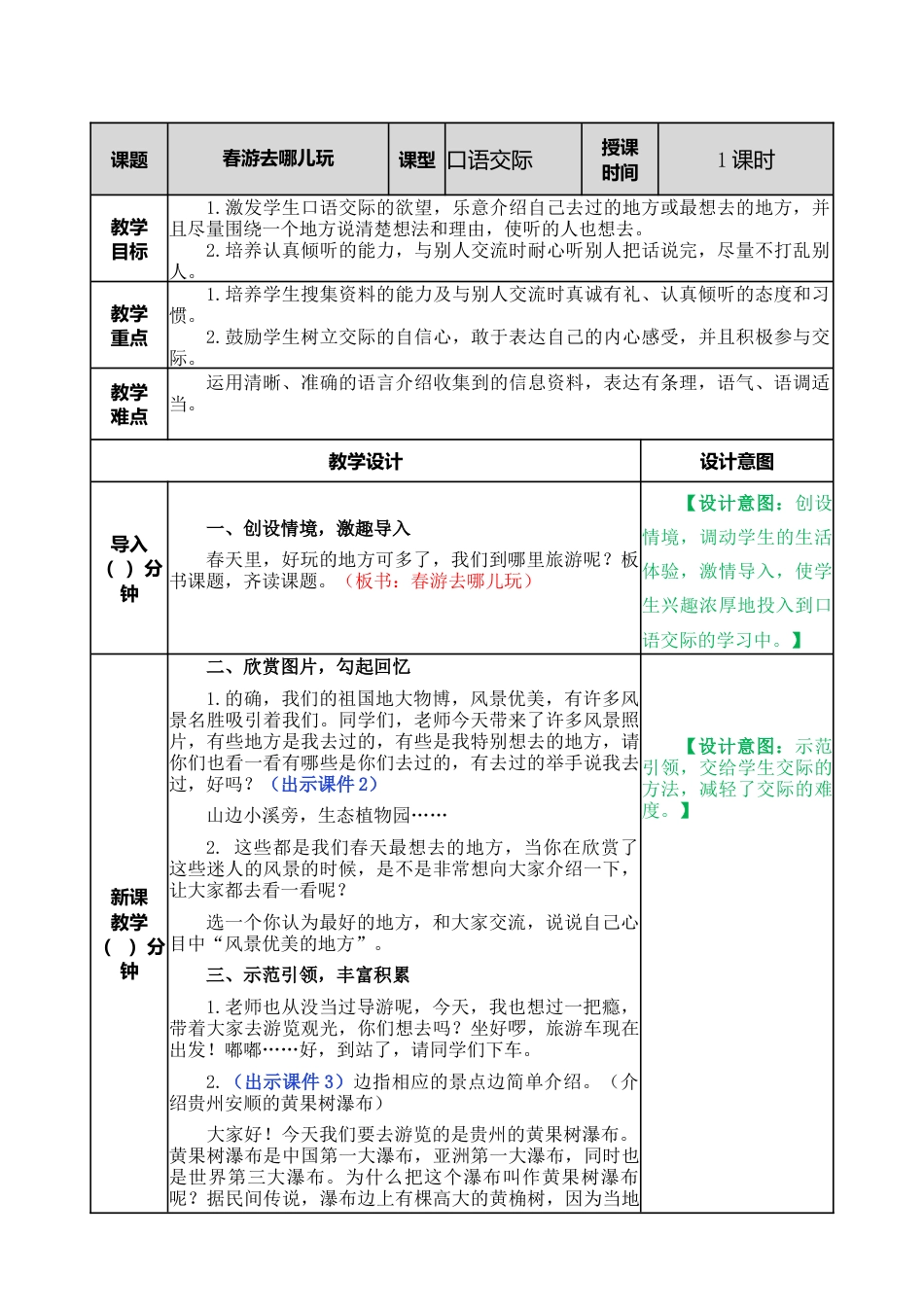 语文三年级下册-口语交际：春游去哪儿玩教案.docx_第1页