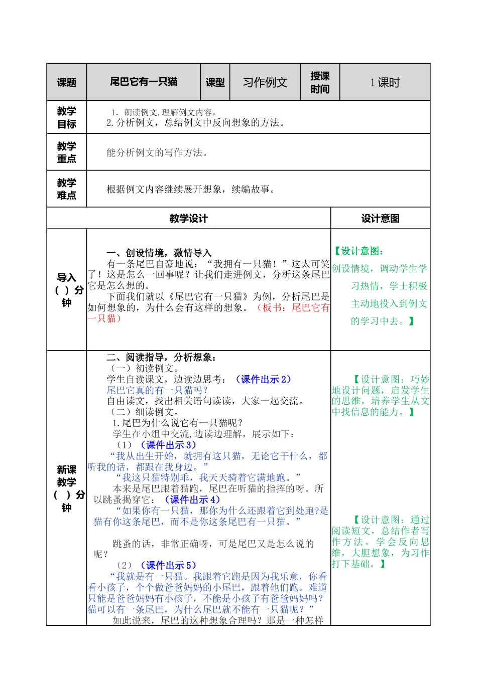语文三年级下册-习作例文：尾巴它有一只猫教案.docx_第1页