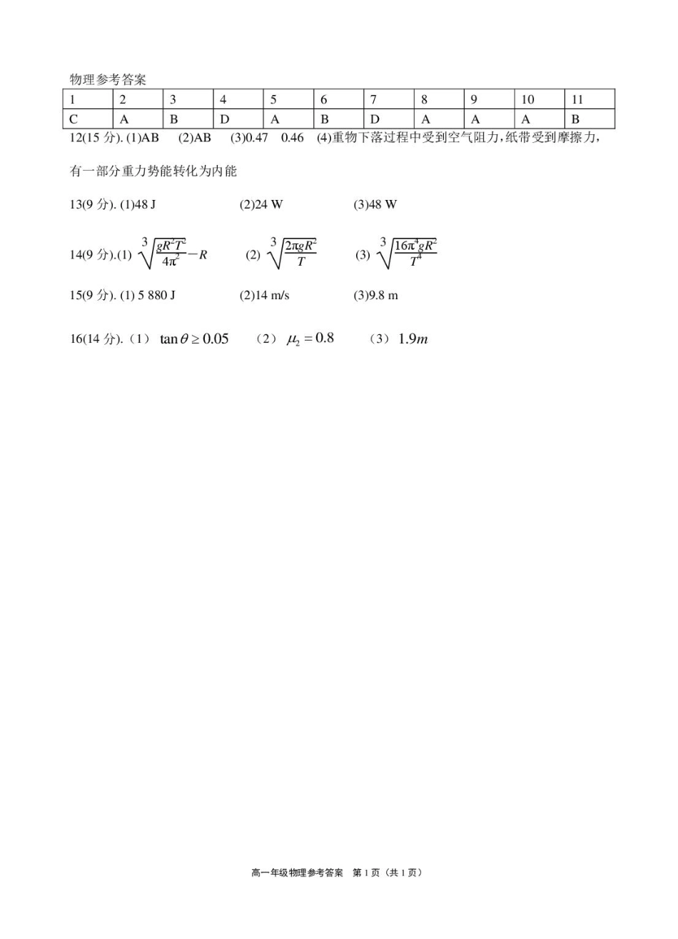 江苏省连云港市赣榆区高级中学2024-2025学年高一下学期3月月考物理试题（PDF版，含答案）_高一物理试题答案.pdf_第1页