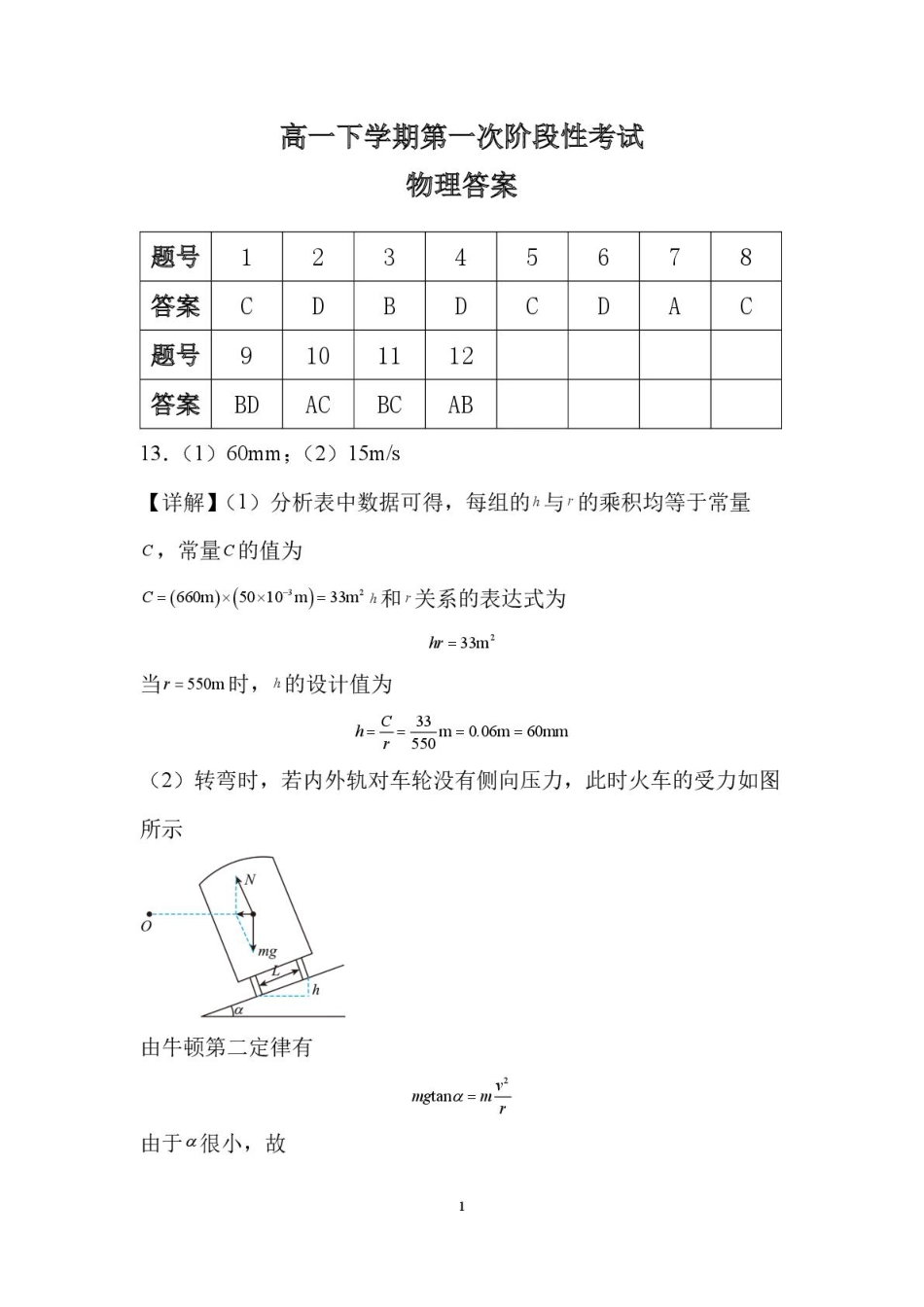 山东省新泰市第一中学北校2024-2025学年高一下学期3月月考物理试题 高一下学期第一次阶段性考试答案.pdf_第1页