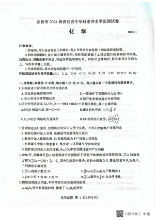 山东省临沂市2024-2025学年高一上学期1月期末考试 化学 PDF版无答案.pdf