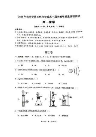 广西壮族自治区百色市2024-2025学年高一上学期1月期末考试 化学 PDF版无答案.pdf