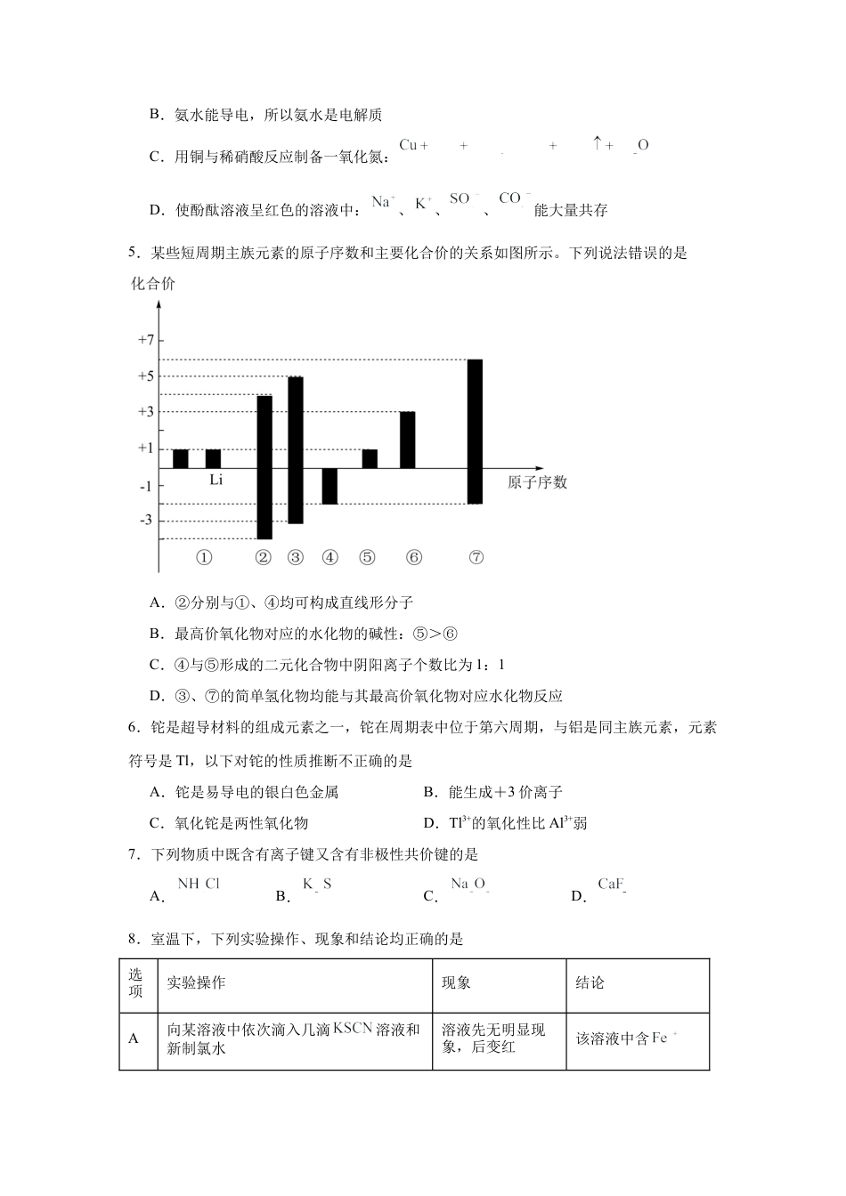 湖南省常德市汉寿县第一中学2024-2025学年高一下学期2月月考化学试题（含答案）.docx_第2页