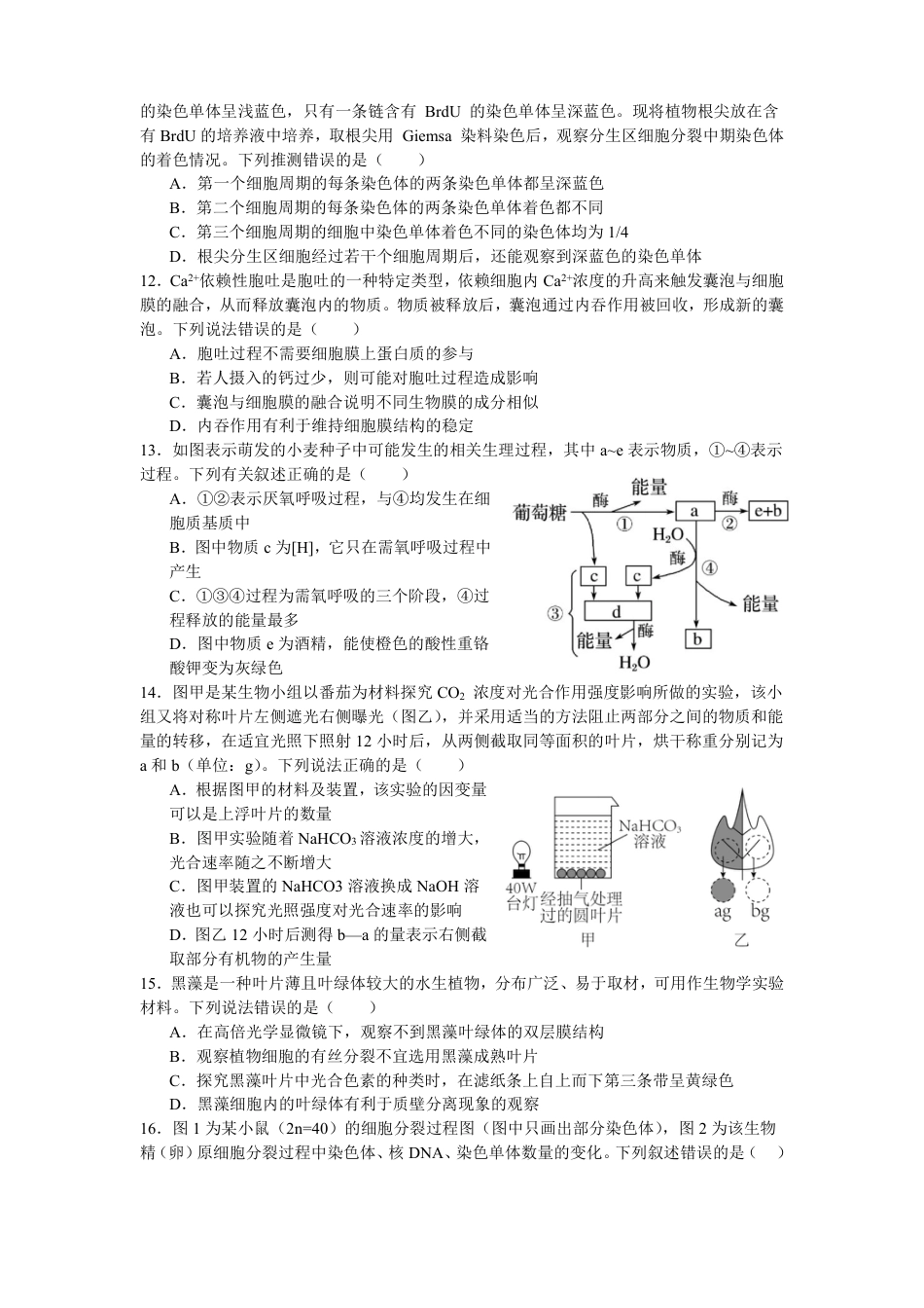 余姚中学2024学年第二学期质量检测高一生物学科试卷.pdf_第3页