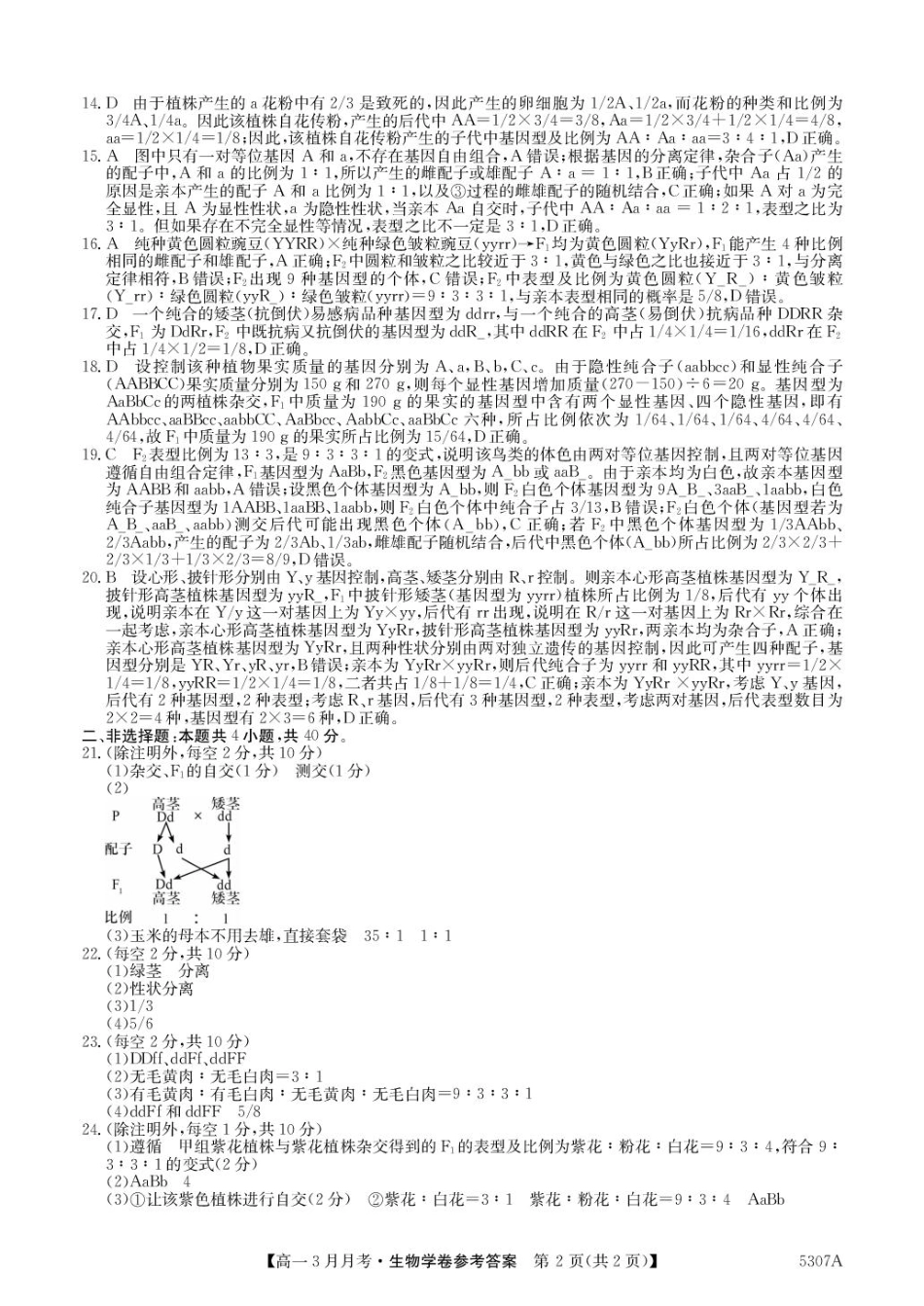 安徽省蚌埠市固镇县毛钽厂实验中学2024-2025学年高一下学期3月月考生物学试题（扫描版有答案）_参考答案.pdf_第2页