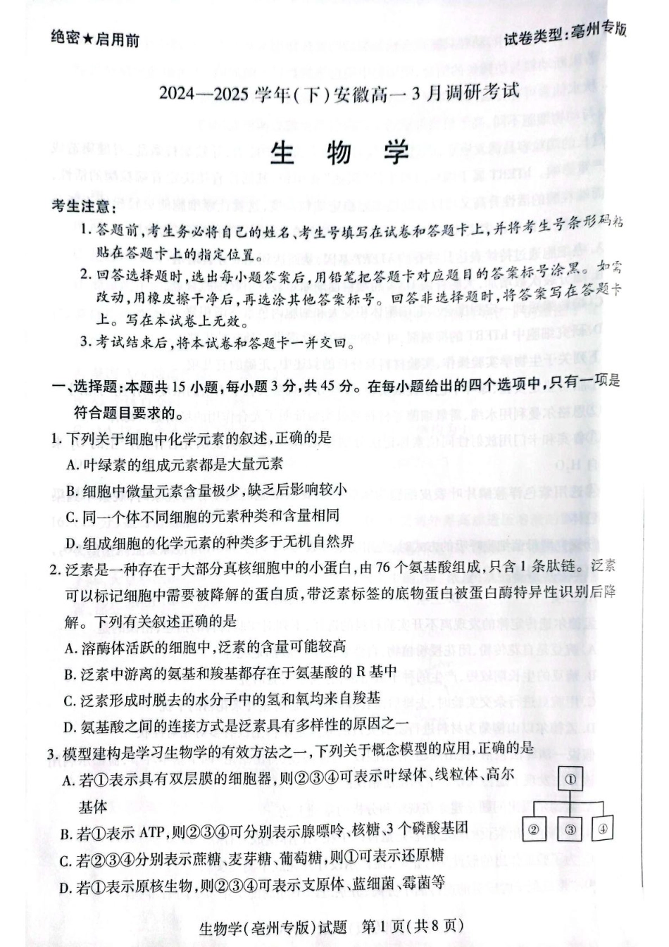 安徽省滁州市2024-2025学年高一下学期3月月考生物试题（扫描版有答案）.pdf_第1页