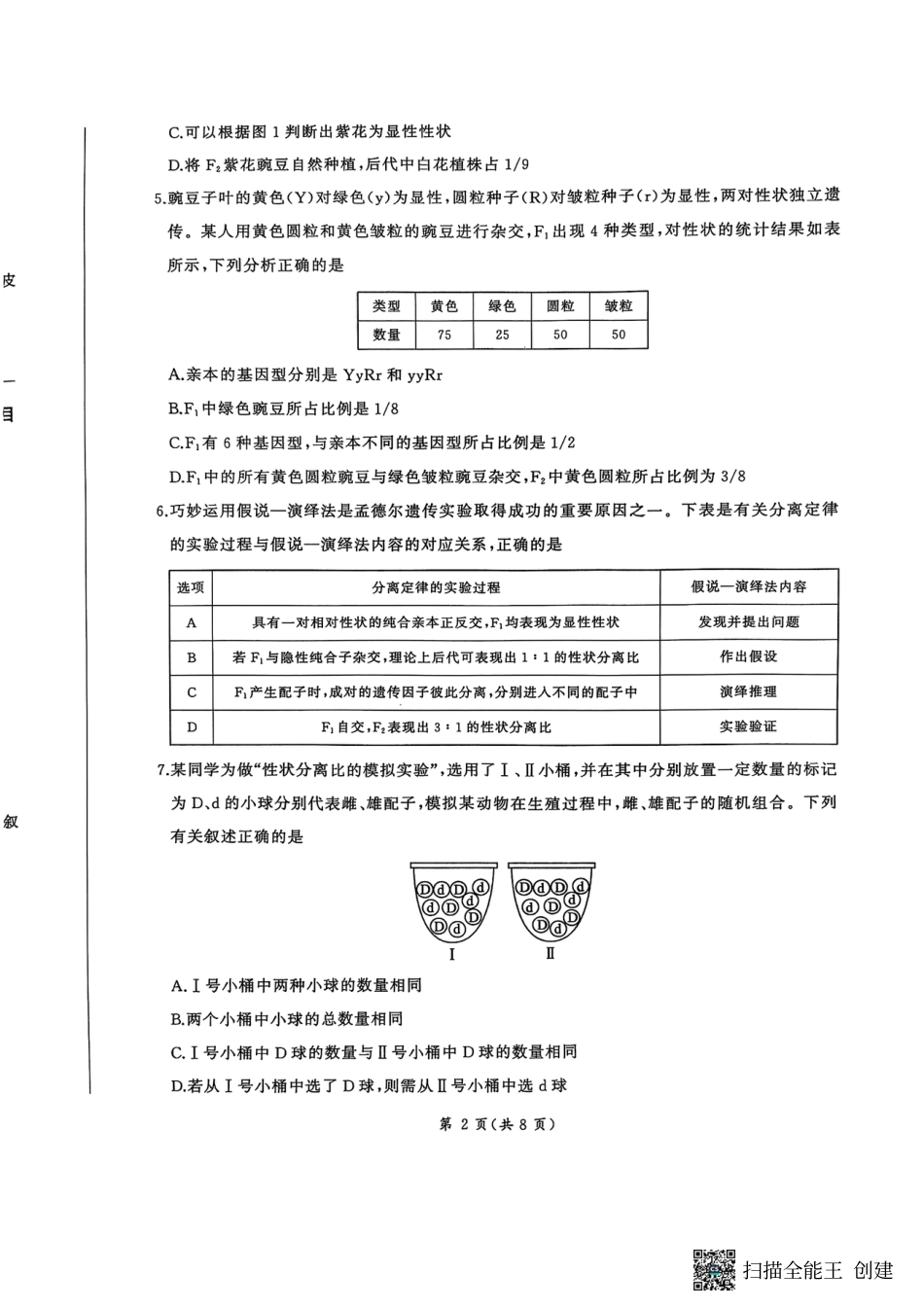 百师联盟2024-2025学年高一下学期3月联考生物试题_试题.pdf_第2页