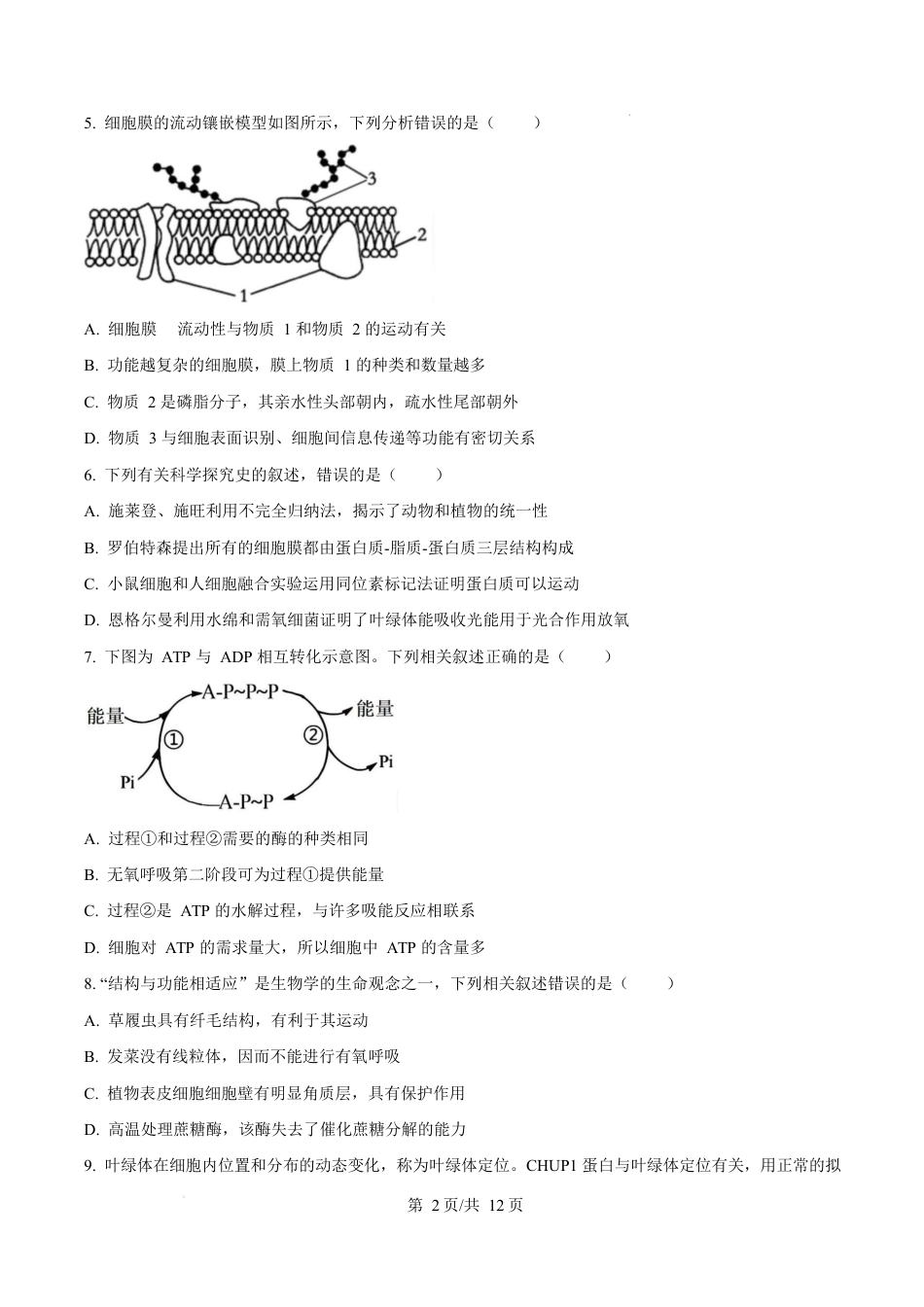 福建省漳州市2024-2025学年高一上学期期末考试生物试题  Word版无答案.docx_第2页