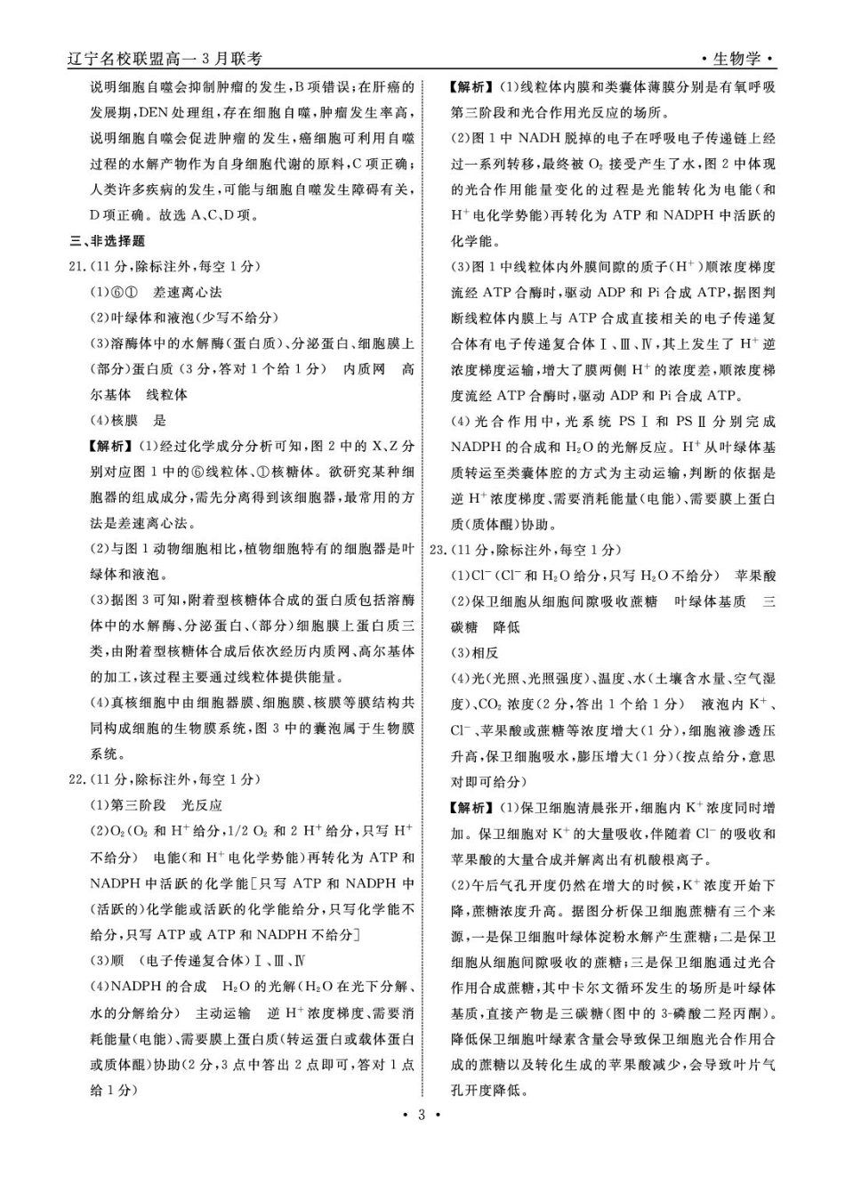 高一生物 生物2025年辽宁高一3月联考答案.pdf_第3页