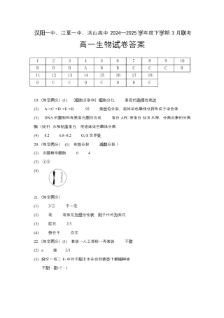 湖北省武汉市蔡甸区汉阳一中、江夏区第一中学、洪山高级中学2024-2025学年高一下学期3月联考生物试卷 PDF版含答案_生物答案.docx