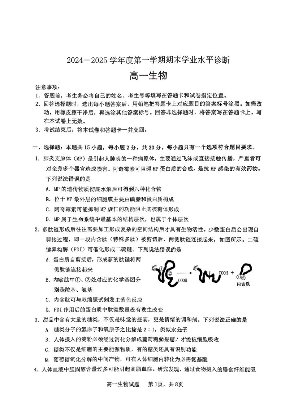 山东省烟台市2024-2025年高一上学期期末考试生物试题.pdf_第1页