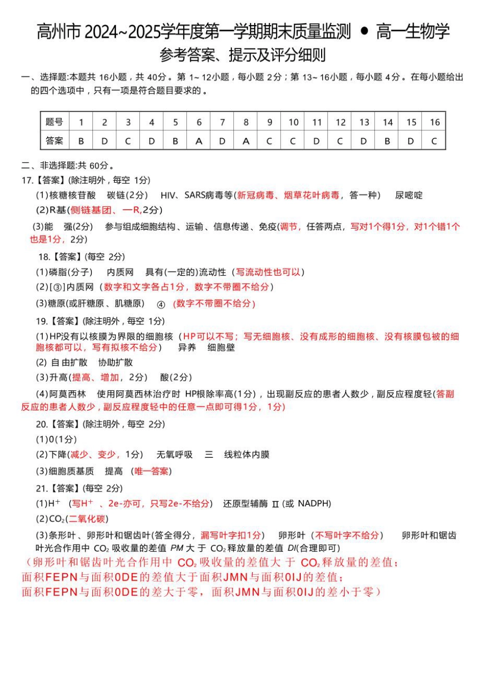 广东省茂名市高州市2024-2025学年高一上学期1月期末考试  生物  PDF版含答案_24－25上高一生物答案.pdf_第1页