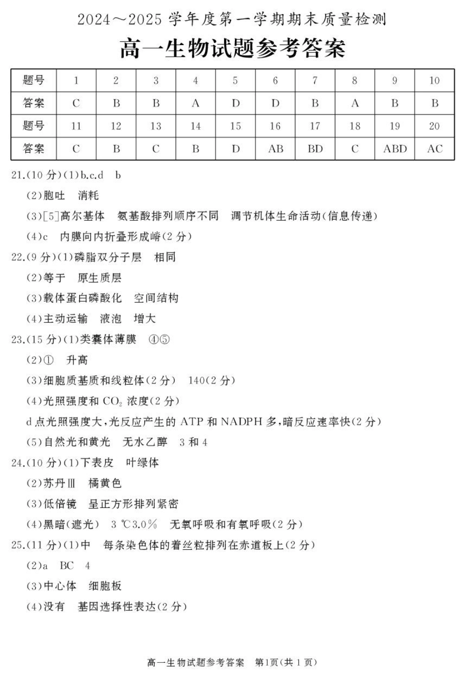 山东省枣庄市台儿庄区等2地2024-2025学年高一上学期1月期末考试  生物  PDF版含答案_高一生物答案.pdf_第1页