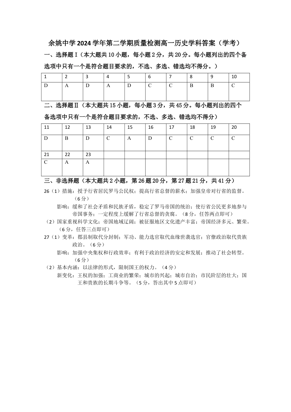 余姚中学2024学年第二学期质量检测高一历史学科答案.docx_第1页