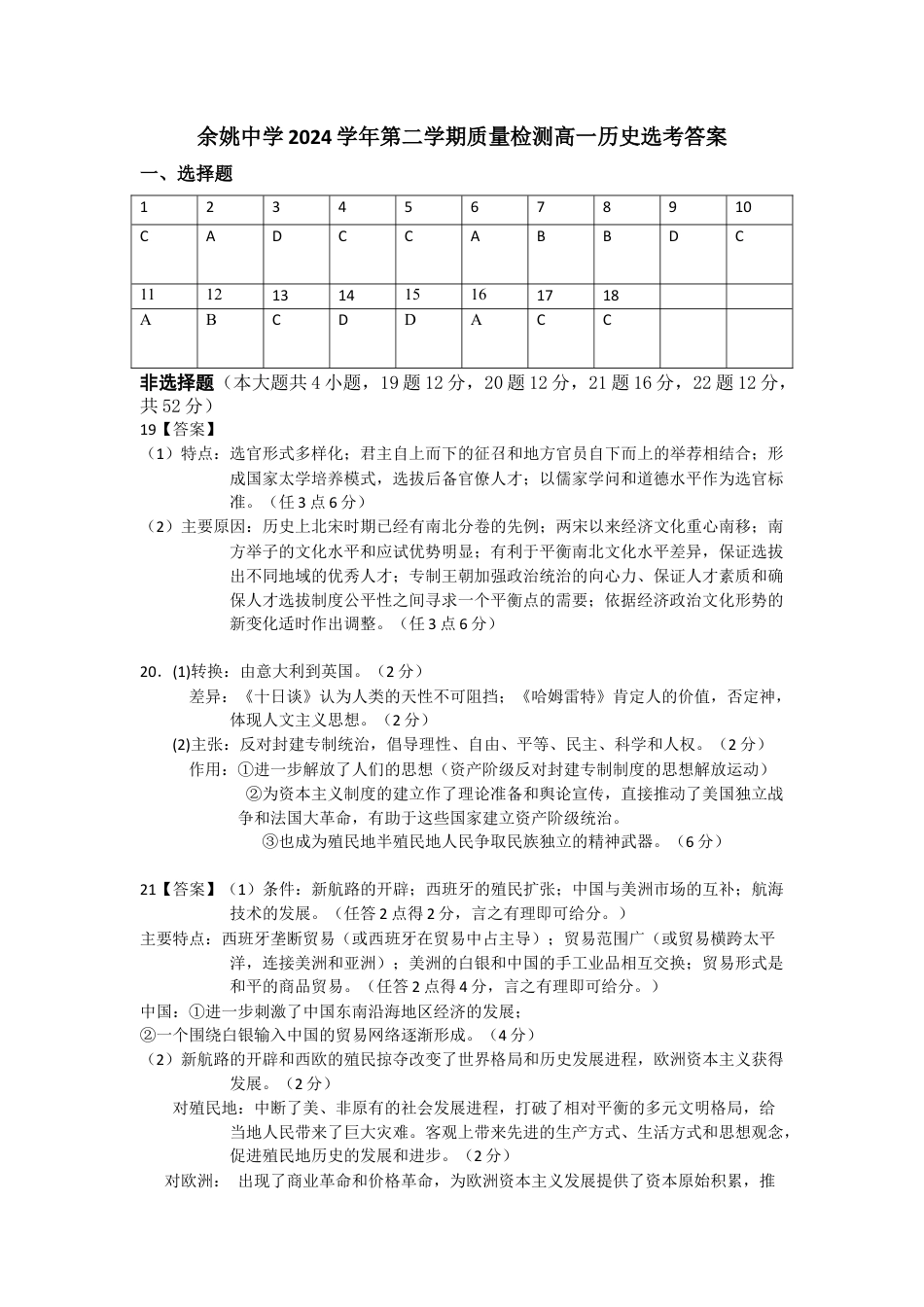 浙江省余姚中学2024-2025学年高一下学期3月月考试题  历史（选考）  PDF版含答案（可编辑）_高一历史学科选考答案(1).docx_第1页