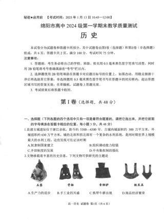 绵阳市高中2024级第一学期期末教学质量测试 历史.pdf