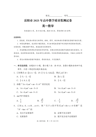 湖南省岳阳市2024-2025学年高一上学期期末教学质量监测数学试卷（PDF版，含答案）_高一数学试卷.pdf