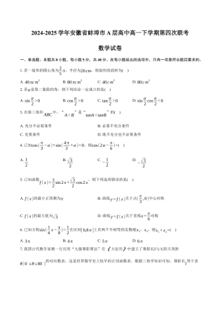安徽省蚌埠市A层高中2024-2025学年高一下学期第四次联考数学试卷（含答案）.docx