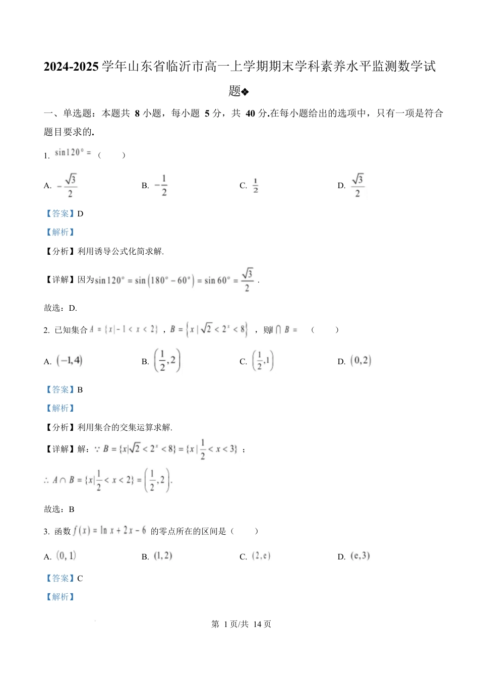 山东省临沂市2024-2025学年高一上学期期末学科素养水平监测数学试题  Word版含解析.docx_第1页
