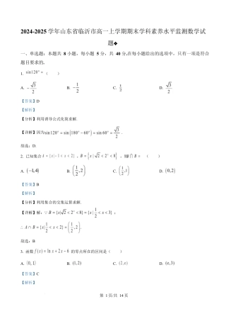 山东省临沂市2024-2025学年高一上学期期末学科素养水平监测数学试题  Word版含解析.docx