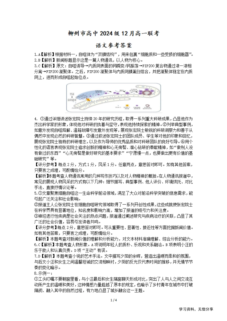 柳州市2024-12月高一联考语文答案.pdf_第1页
