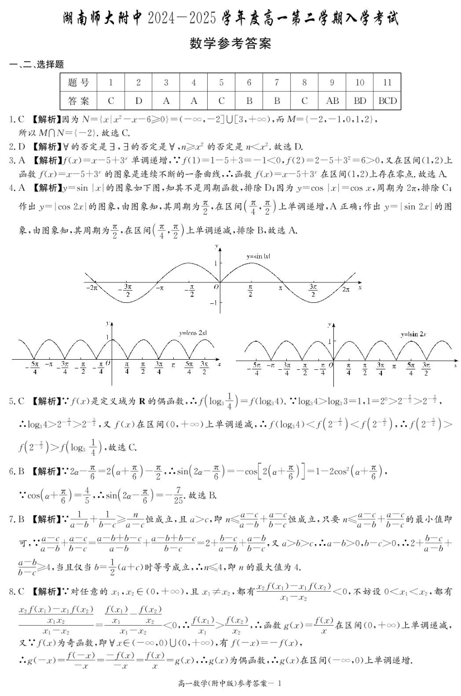 湖南师范大学附属中学2024-2025学年高一下学期入学考试数学试题（PDF版，含解析）_数学答案（附中高一入学2期）.pdf_第1页