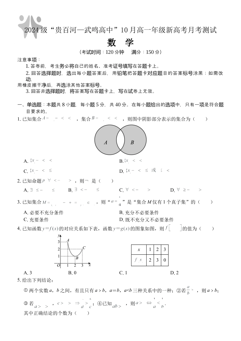 广西壮族自治区贵百河-武鸣高中2024-2025学年高一上学期10月月考试题 数学 Word版含解析.docx_第1页