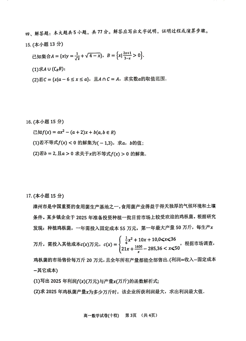 福建省漳州市十校联盟2024-2025学年高一上学期11月期中数学试卷.pdf_第3页